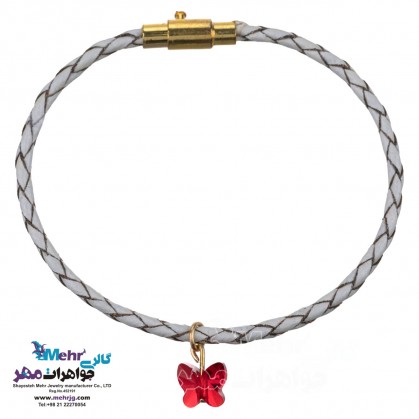 دستبند طلا و چرم - سنگ سواروسکی پروانه-MB0866